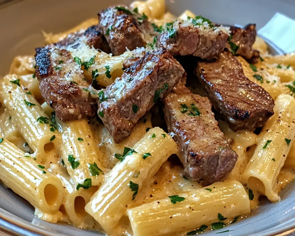 Cajun Steak Tips in Cheesy Rigatoni Parmesan Sauce