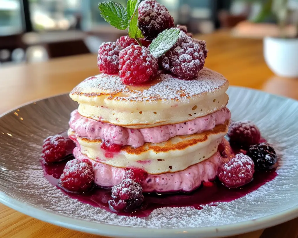 Fluffy Pink Pancakes with Berry Syrup