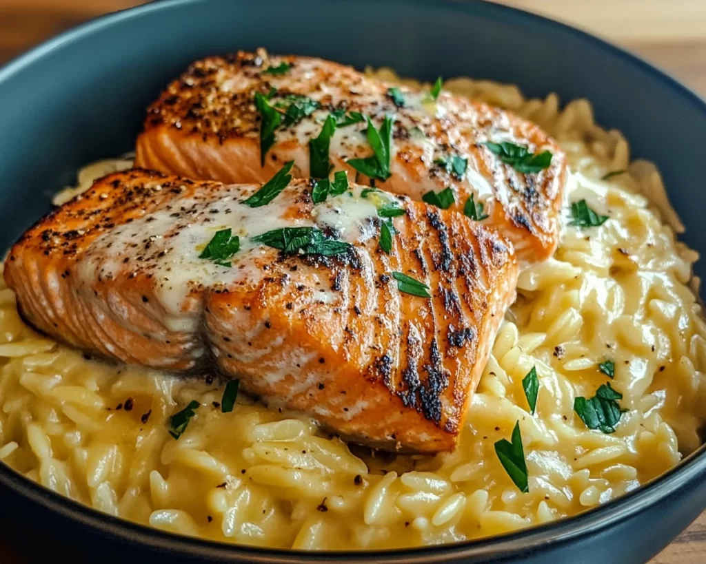 Creamy Lemony Orzo with Seared Salmon Recipe