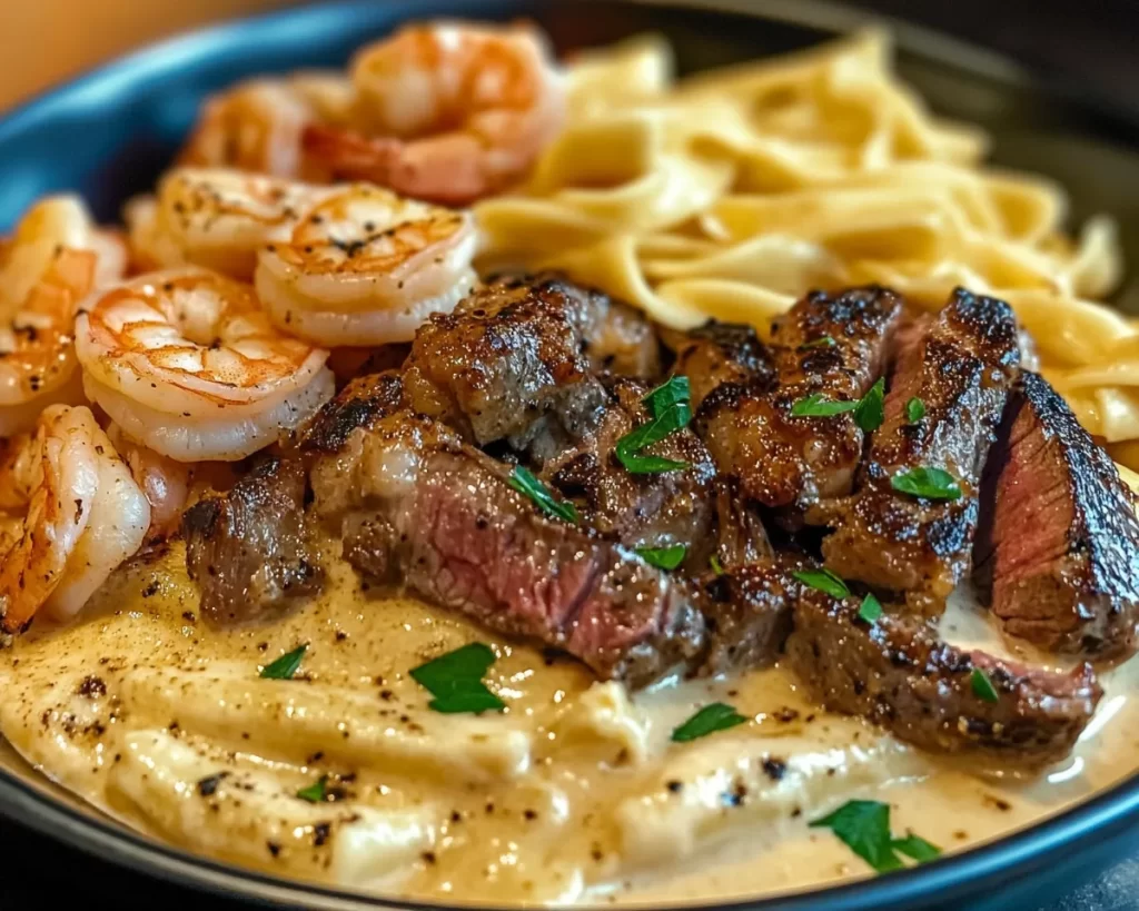 Creamy Blackened Steak Shrimp Alfredo Recipe