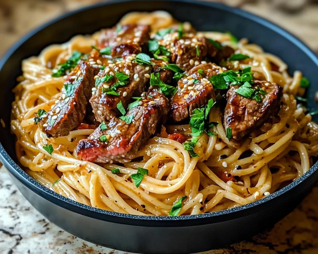 One-Pan Spicy Honey Garlic Steak Pasta Delight