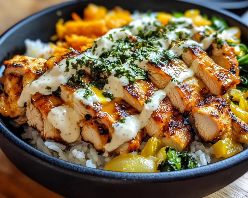 Healthy Easy Chicken Rice Bowl with Yogurt Sauce
