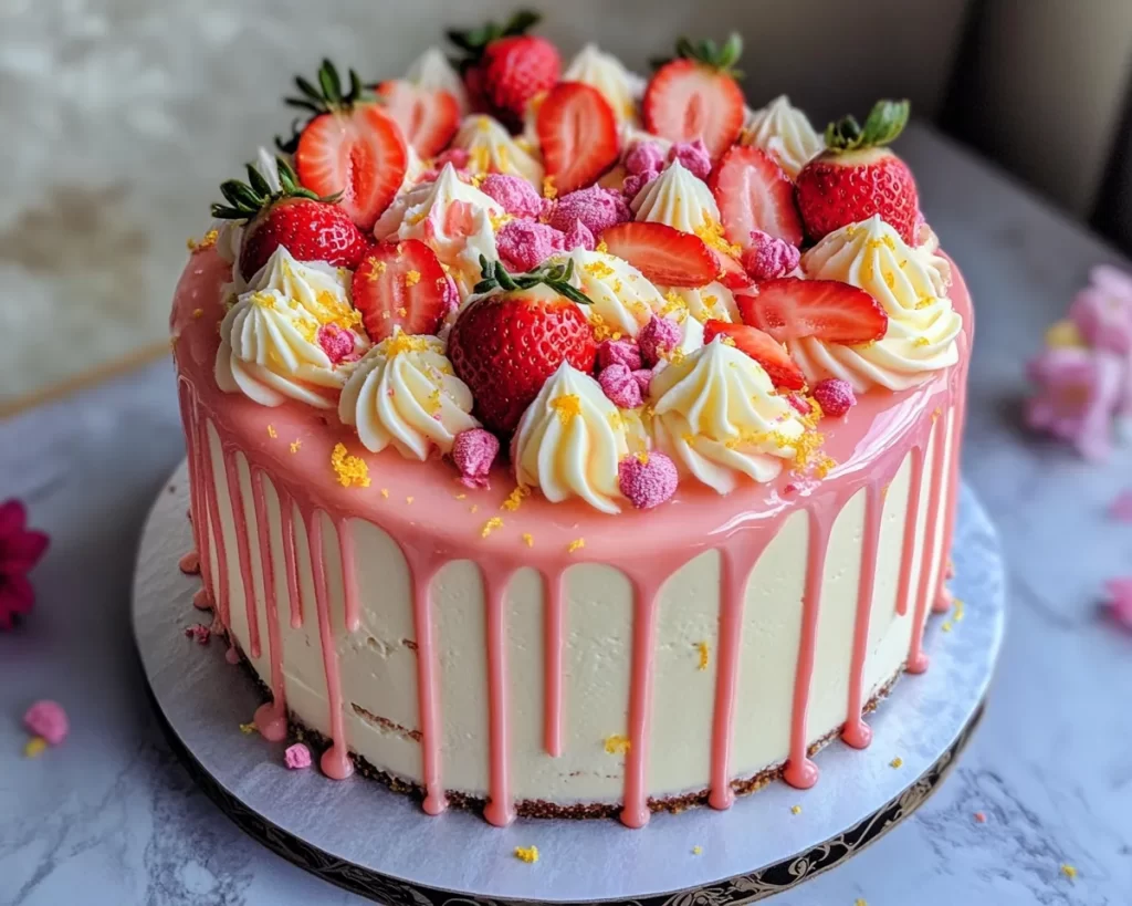 Spring Birthday Cake: Strawberry Lemon Drip Cake