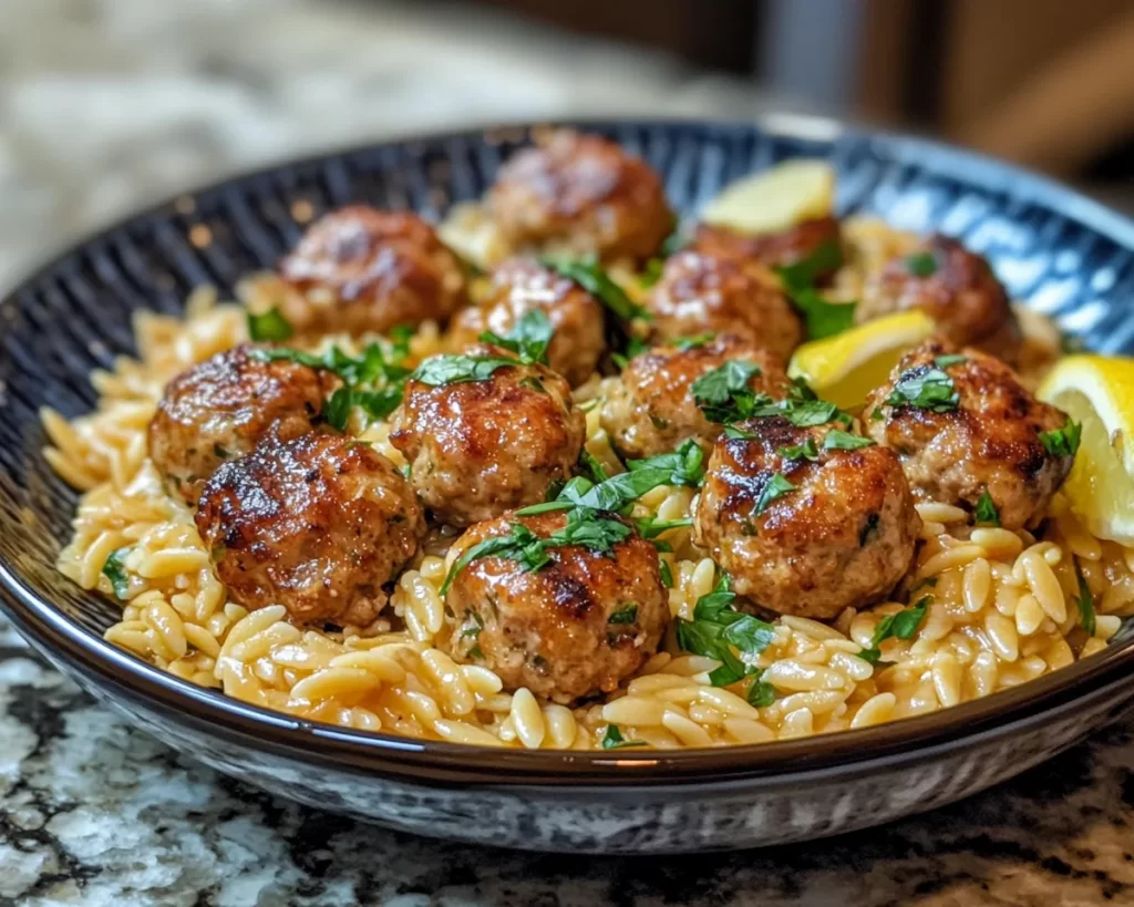 Delicious Greek Chicken Meatballs Served with Zesty Lemon Orzo for a Perfect Meal