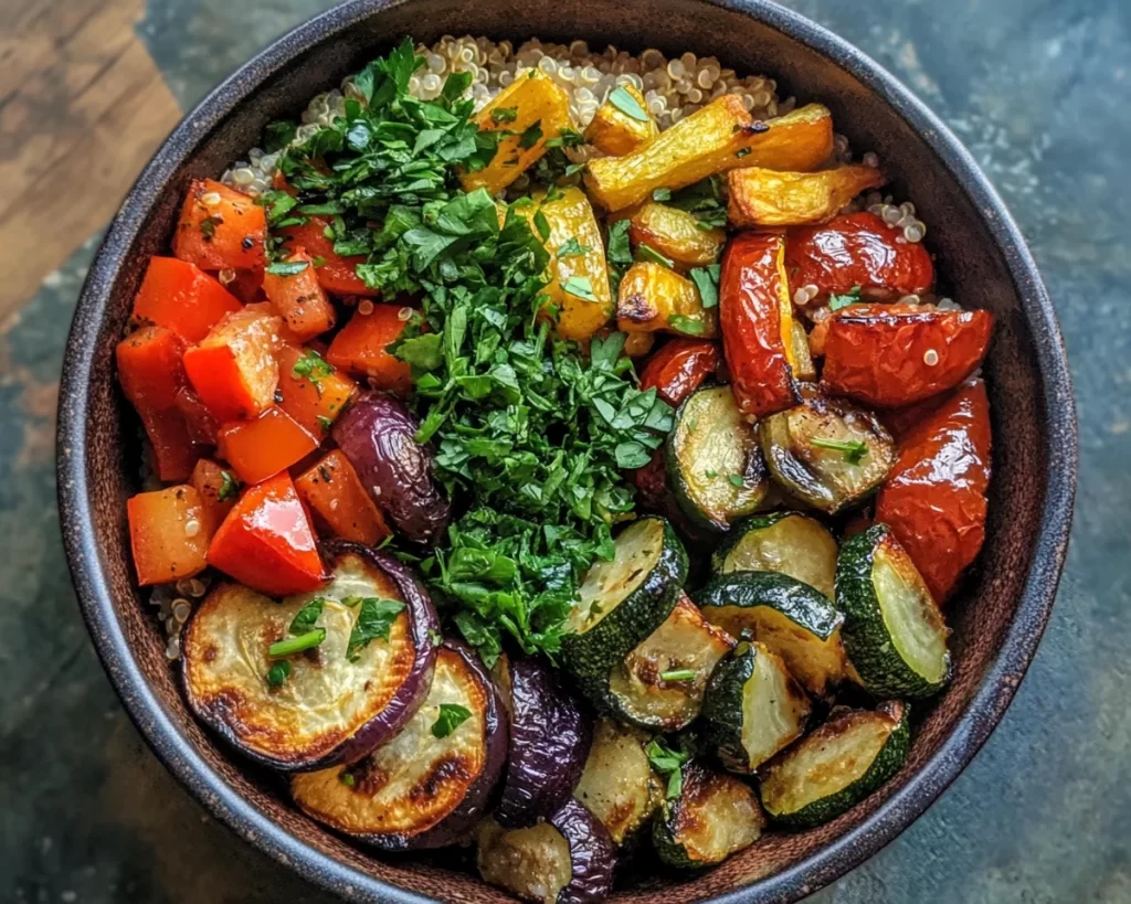 Mediterranean Diet Recipes: Mediterranean Quinoa Bowl With Roasted Vegetables in 25 Minutes