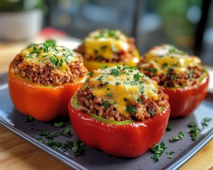 Ground Beef Recipes: Cheesy Beef and Rice Stuffed Bell Peppers in 30 Minutes