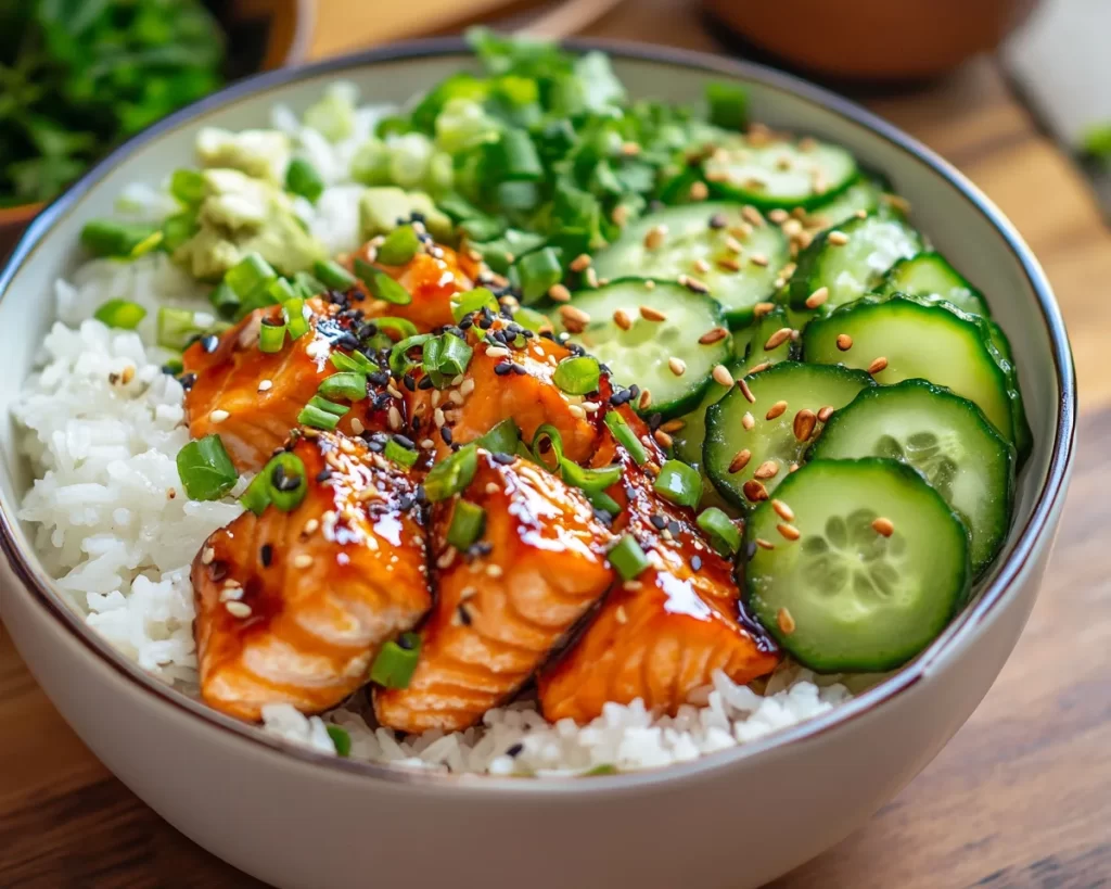 Dinner Ideas: Honey Garlic Salmon Bowl With Cucumber and Rice in 25 Minutes