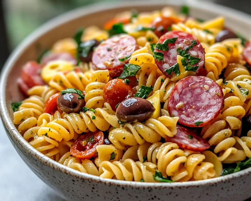 Pasta Salad: Italian Dressing Pasta Salad With Salami and Olives in 20 Minutes