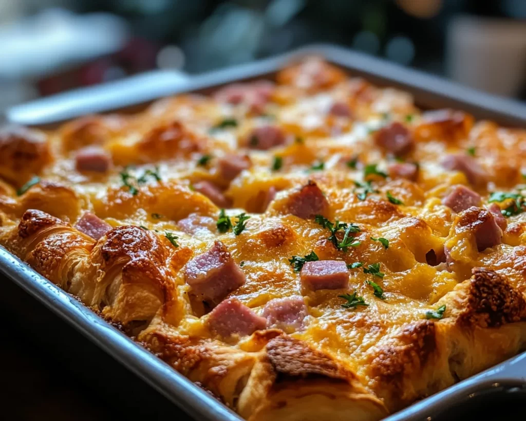 Breakfast Casserole: Ham Swiss and Croissant Overnight Breakfast Casserole in 10 Minutes Prep
