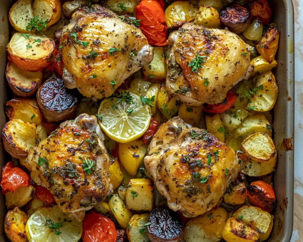 Dinner Ideas: Lemon Herb Roasted Chicken Thighs and Vegetables in 30 Minutes