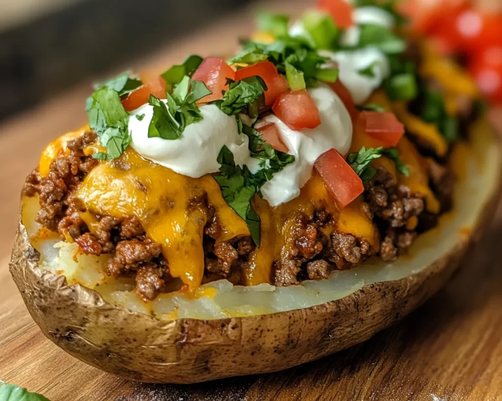 Ground Beef Recipes: Taco Stuffed Baked Potatoes With Sour Cream in 25 Minutes