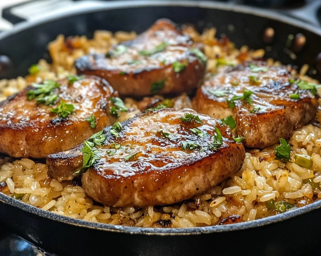 Easy Recipes: One Skillet Honey Garlic Pork Chops and Rice in 25 Minutes