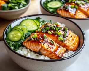 Salmon Recipes: Teriyaki Glazed Salmon Bowls With Pickled Cucumbers in 20 Minutes