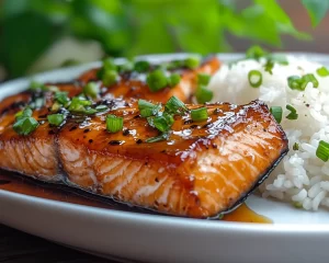 Salmon: Honey Garlic Glazed Salmon With Steamed Rice in 20 Minutes