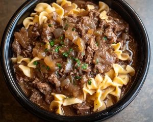 Crockpot Recipes: Slow Cooker French Onion Beef and Noodles in 10 Minutes Prep