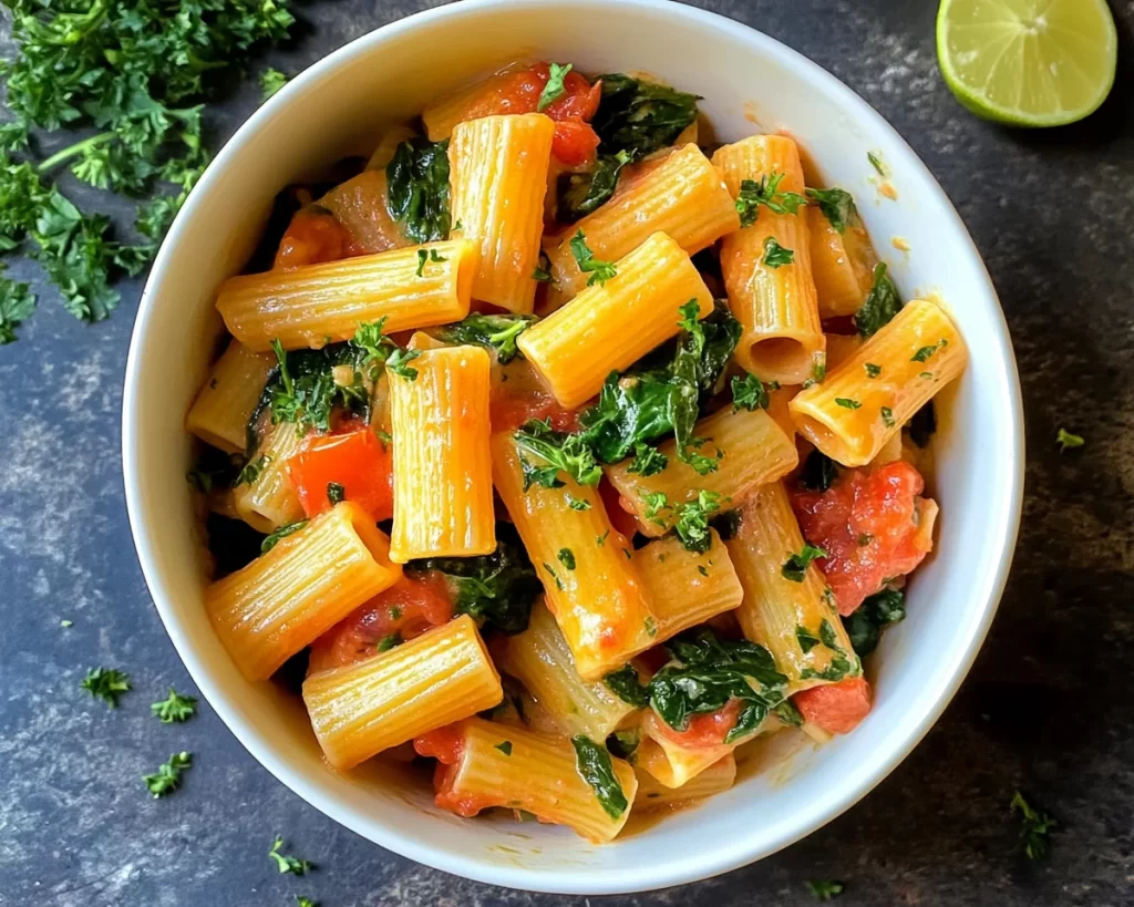 Pasta Recipes: One Pot Creamy Spinach and Tomato Rigatoni in 20 Minutes