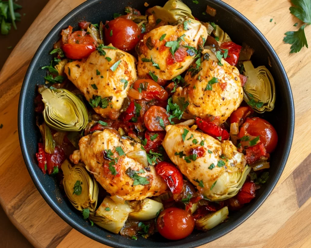 Mediterranean Diet Recipes: One Pan Mediterranean Chicken With Artichokes in 25 Minutes