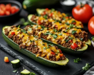 Ground Beef Recipes: Cheesy Taco Stuffed Zucchini Boats in 25 Minutes