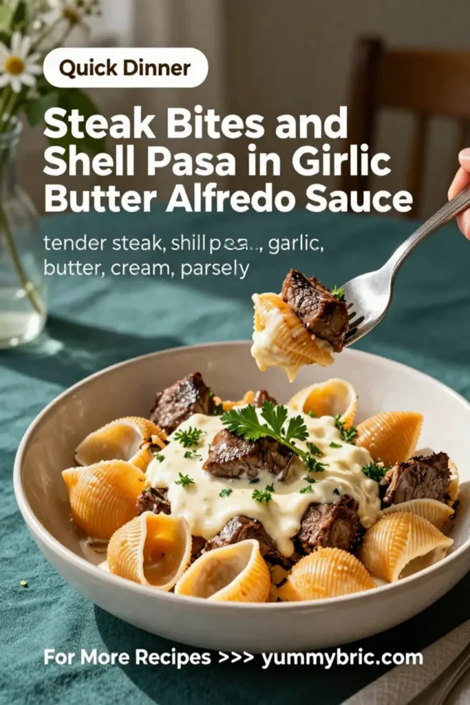 Steak Bites and Shell Pasta in Garlic Butter Alfredo Sauce
