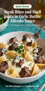 Steak Bites and Shell Pasta in Garlic Butter Alfredo Sauce