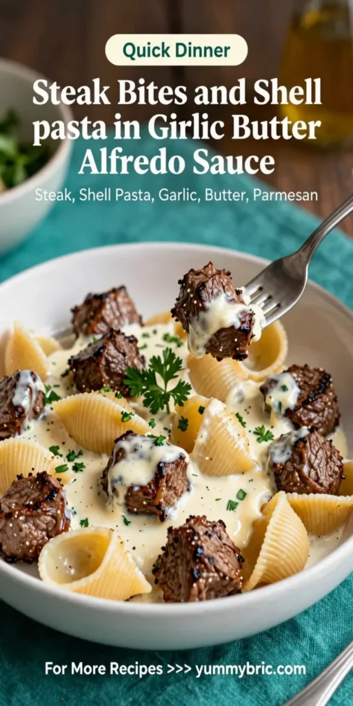 Steak Bites and Shell Pasta in Garlic Butter Alfredo Sauce