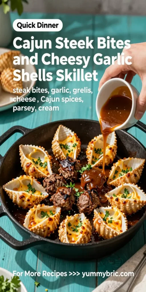 Cajun Steak Bites and Cheesy Garlic Shells Skillet