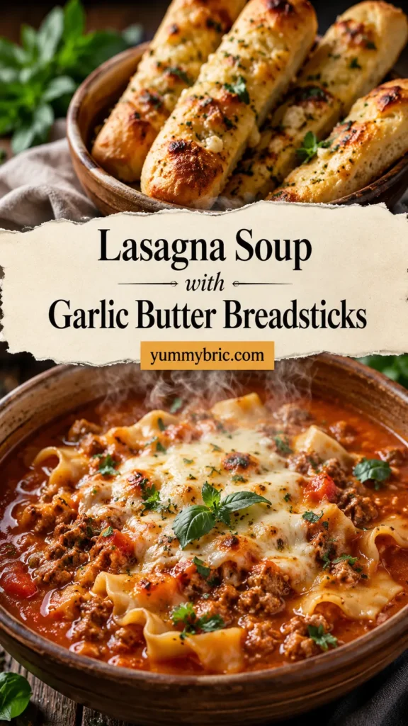 Lasagna Soup with Garlic Butter Breadsticks