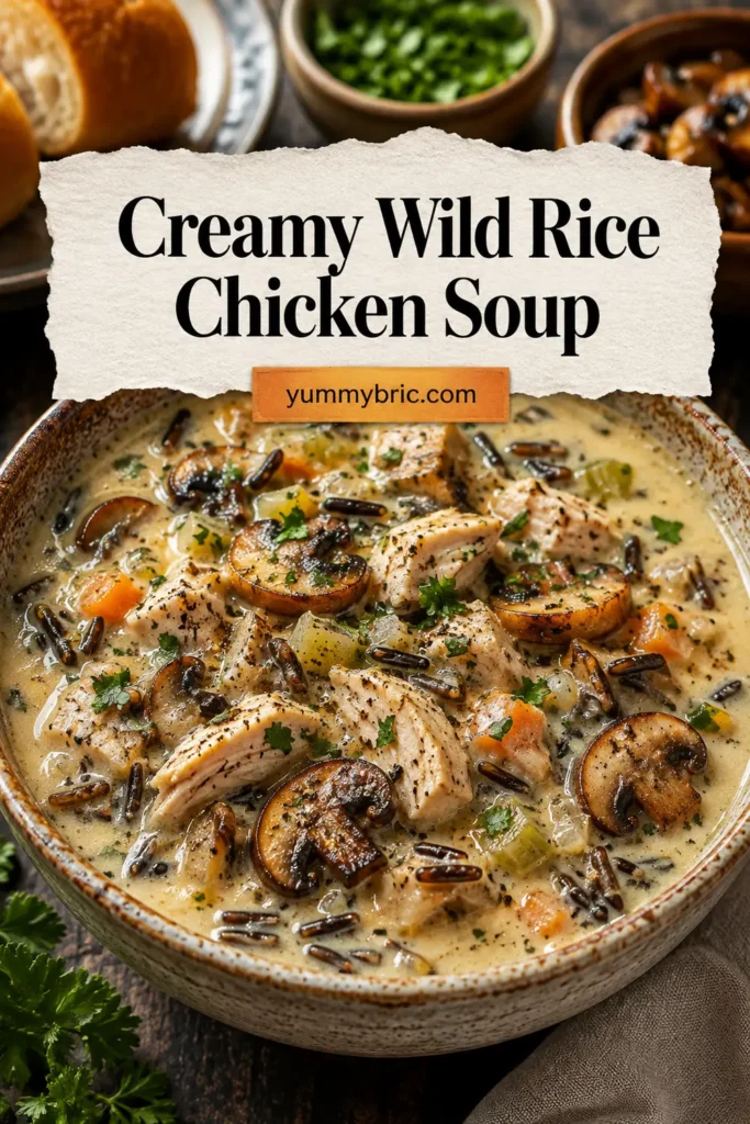 Creamy Wild Rice Chicken Soup with Roasted Mushrooms.
