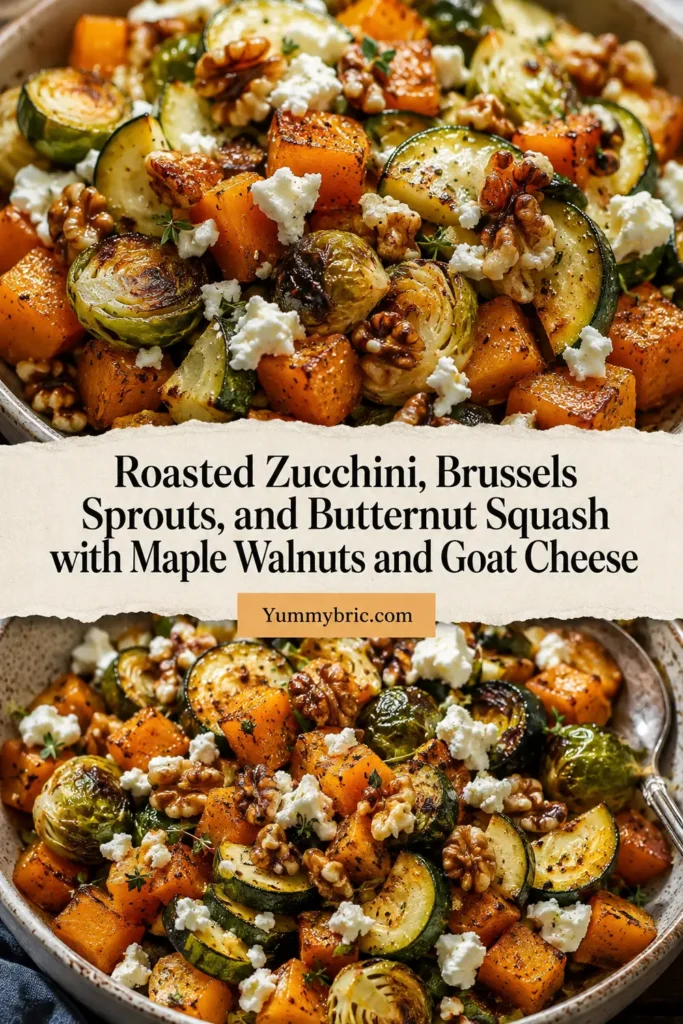 Roasted Zucchini, Brussels Sprouts, and Butternut Squash with Maple Walnuts and Goat Cheese