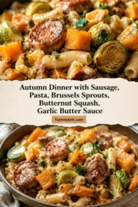 Autumn Dinner with Sausage, Pasta, Brussels Sprouts, Butternut Squash, Garlic Butter Sauce
